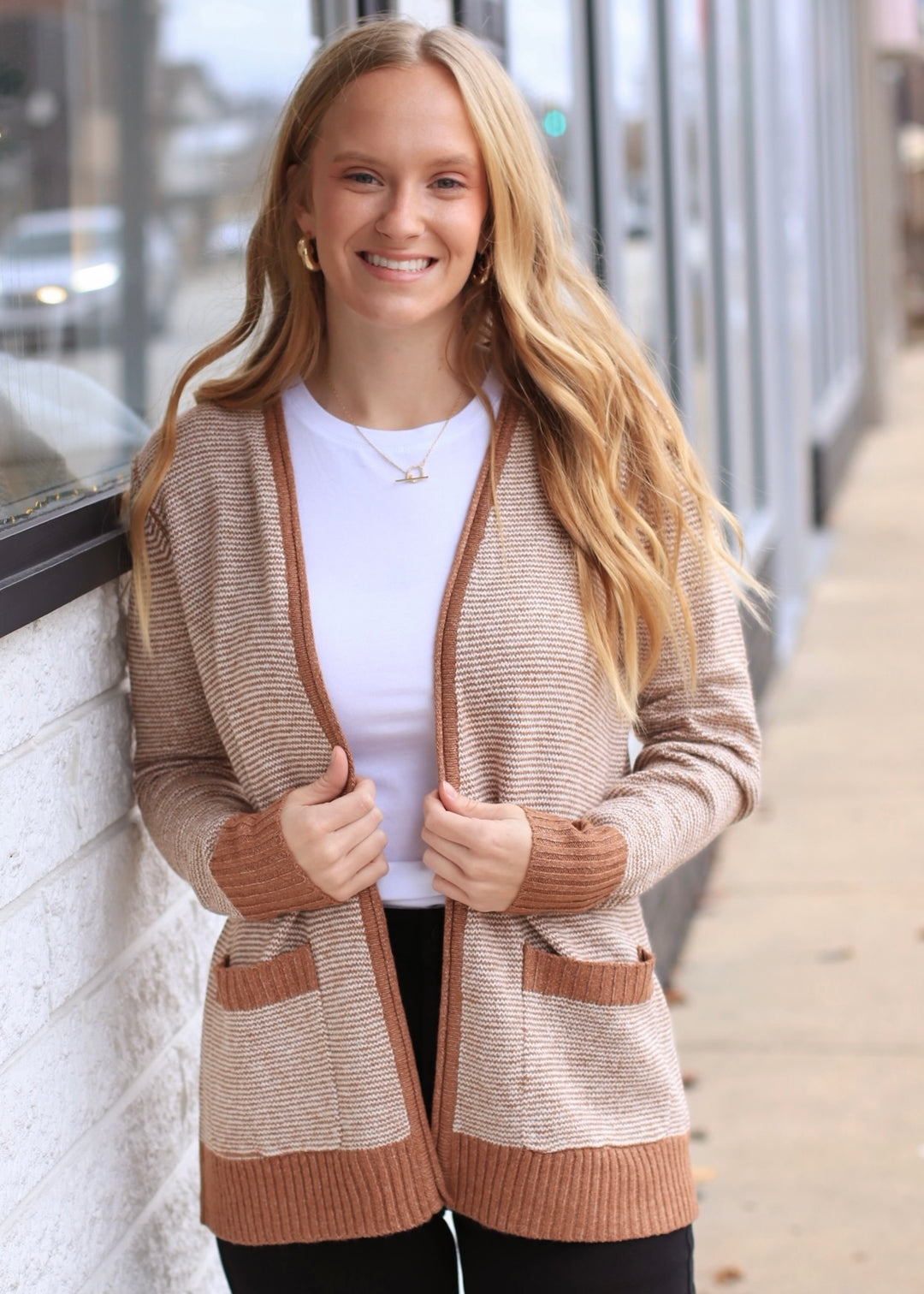 The Linton Stripe Cardigan in Camel