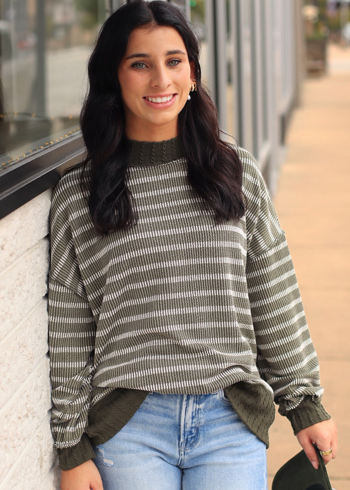Olive Striped Mock Neck Knit Top
