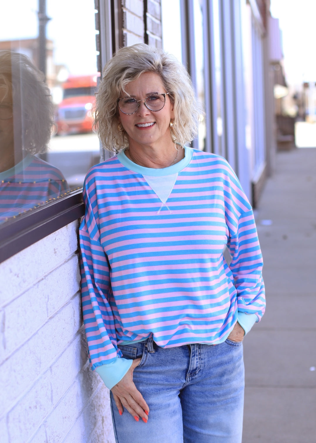 The Stevie Stripe Pullover in Teal/Blush