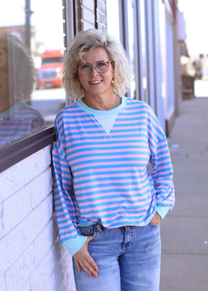 The Stevie Stripe Pullover in Teal/Blush