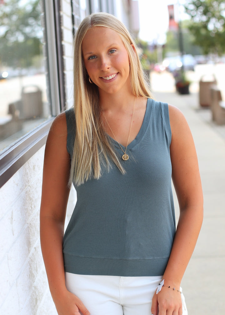 LuxeAir Ribbed V-Neck Top in Dusty Olive