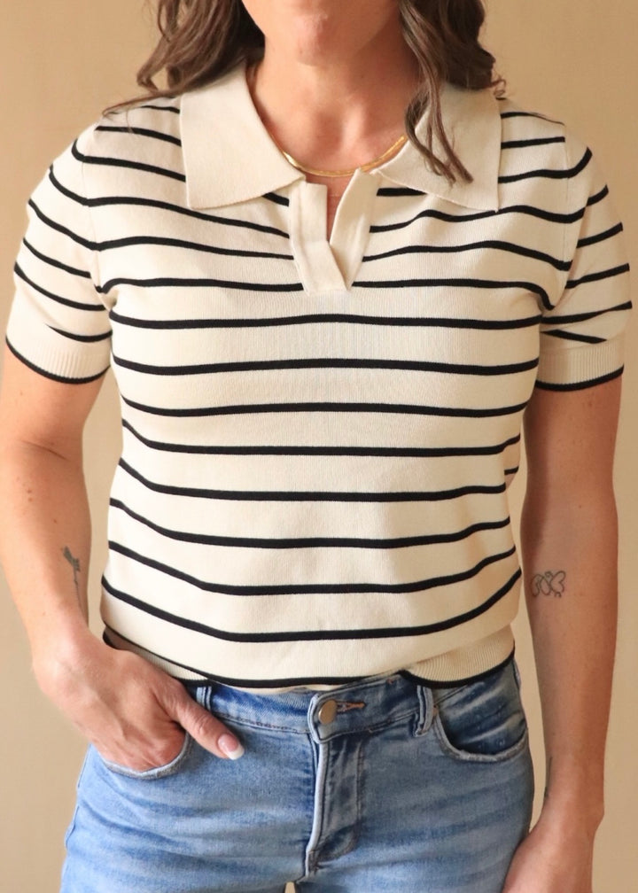 Joetta Ribbed Stripe Short Sleeve V Neck Top