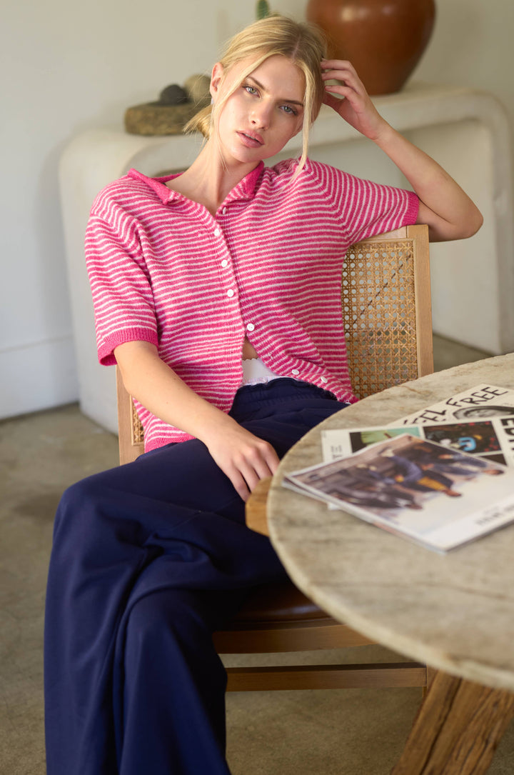 The Lucy Stripe Cardigan in Hot Pink