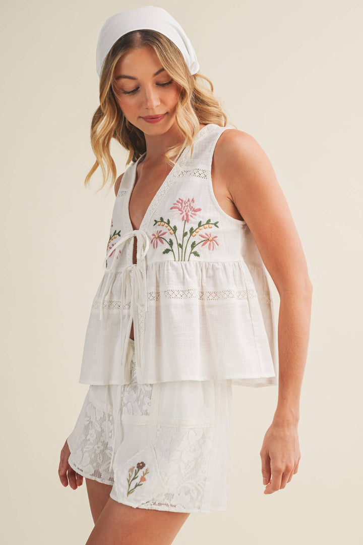 Embroidered Floral Tie-Front Peplum Vest