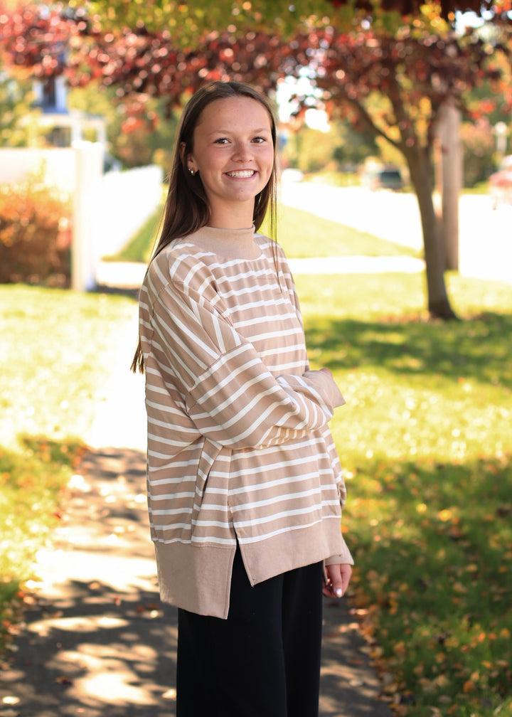 Striped Mock Neck Sweatshirt- Taupe/White