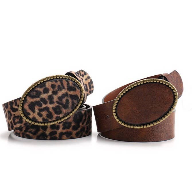 Western Oval Buckle Faux Leather &amp; Leopard Belt | 40BT660