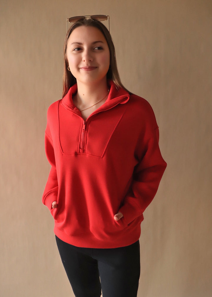 Simone Quarter Zip Pullover in True Red