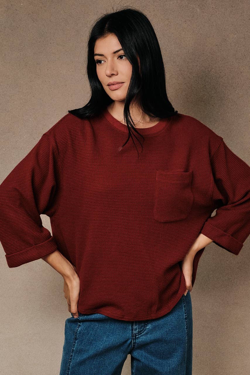 Round Neck 3/4 Cuffed Sleeve Pocket Ribbed Knit Top