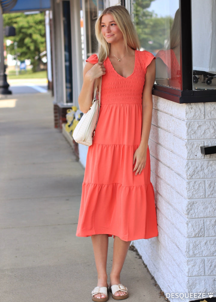 The Drift Dress Flutter Sleeve Maxi in Coral