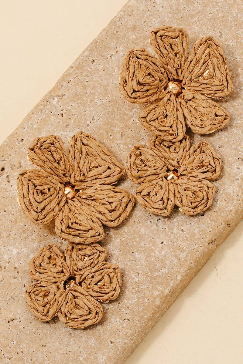 Double Straw Braided Flower Dangle Earrings