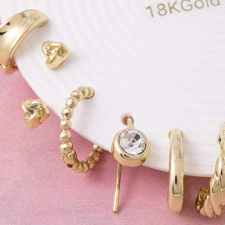 18K Gold Dipped Knot Stud And Hoop Ten Pair Earring Set