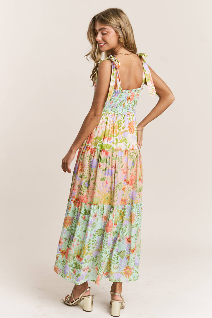 Smocked V-neck Tiered Multi Print Dress
