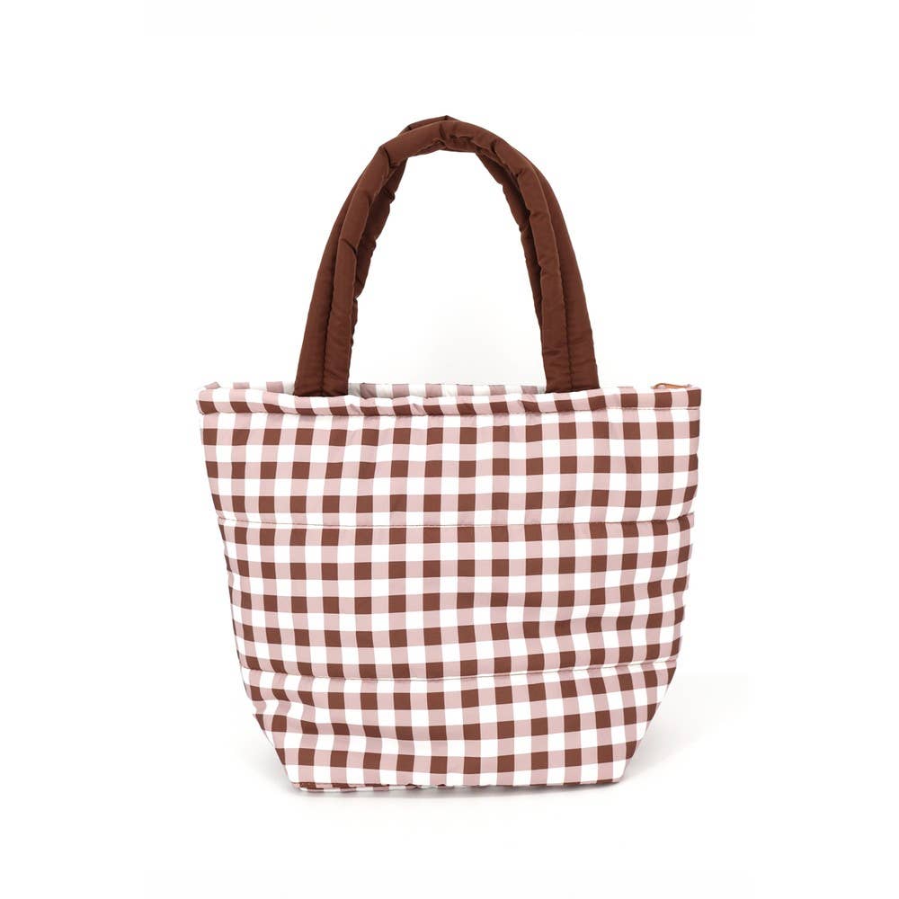 Brown Gingham Check Mini Puffer Tote Bag
