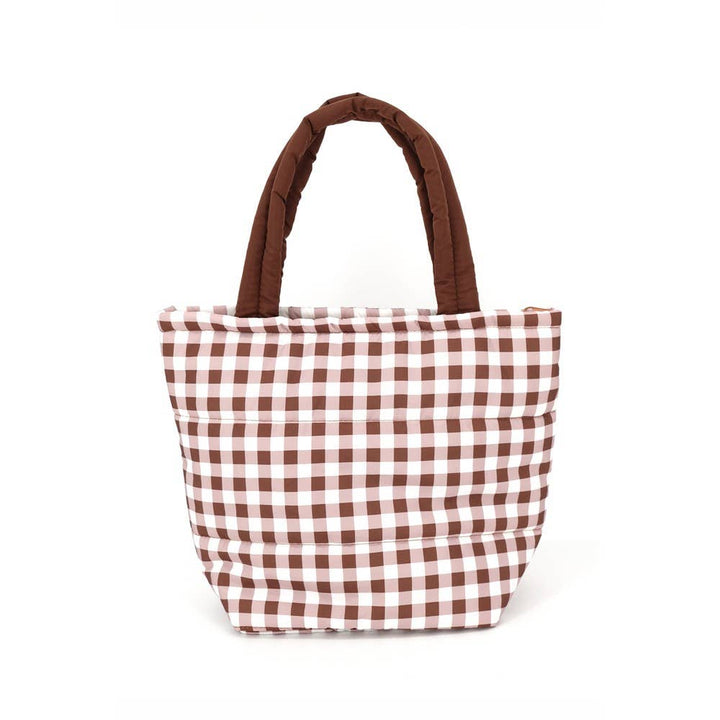 Brown Gingham Check Mini Puffer Tote Bag
