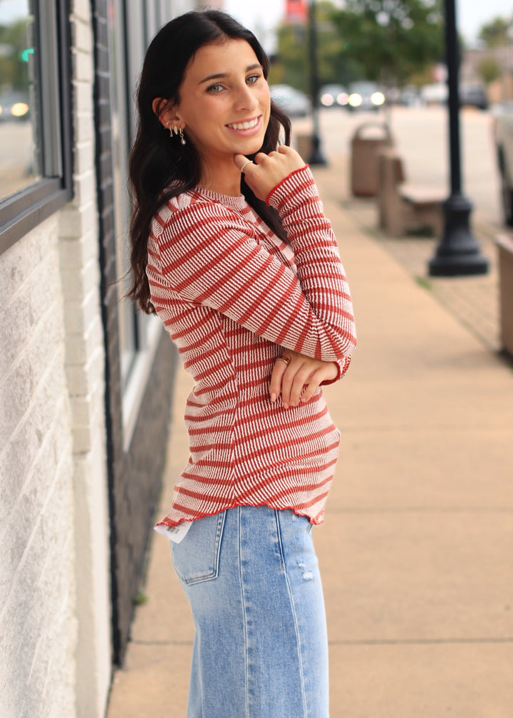 Striped Ribbed Knit Top in Rust