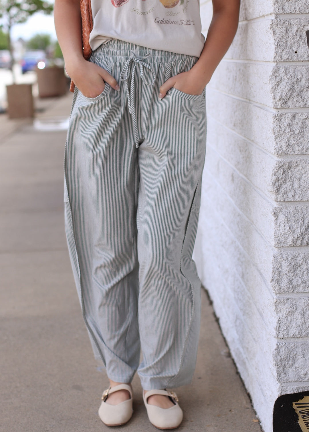 The Olive Grove Stripe Barrel Pant