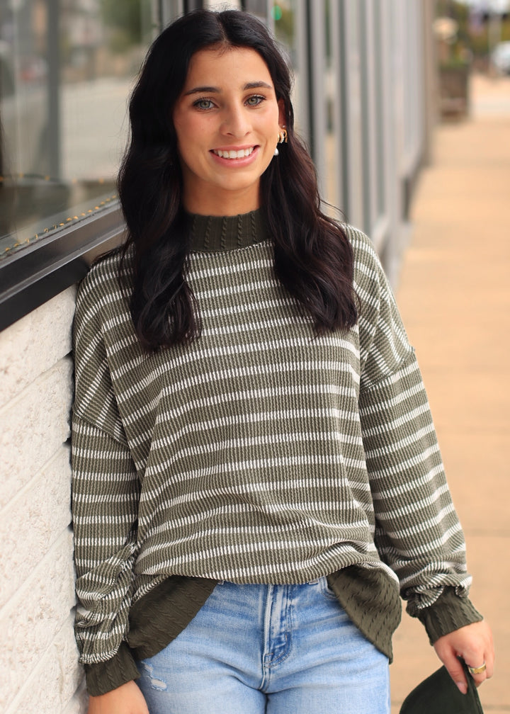 Olive Striped Mock Neck Knit Top