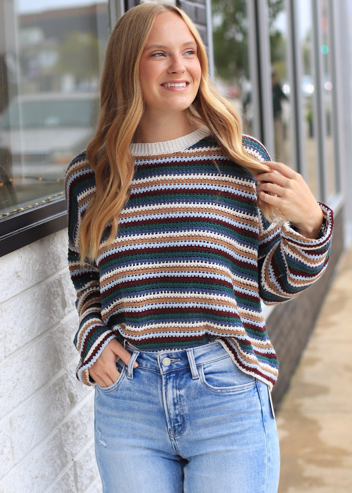 Ecru Combo Striped Boat Neck Sweater