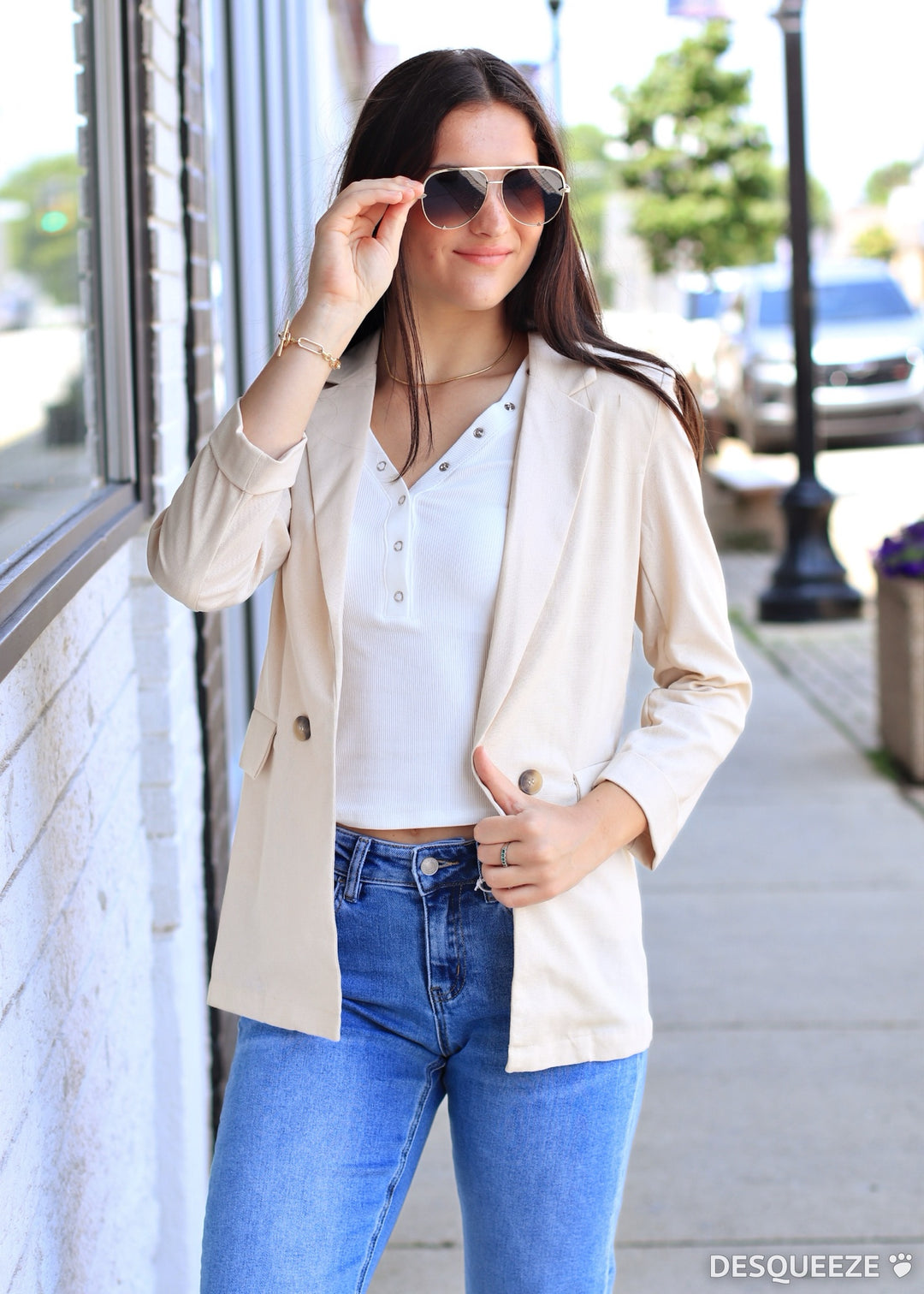 Natural 3/4 Cuff Collared Blazer