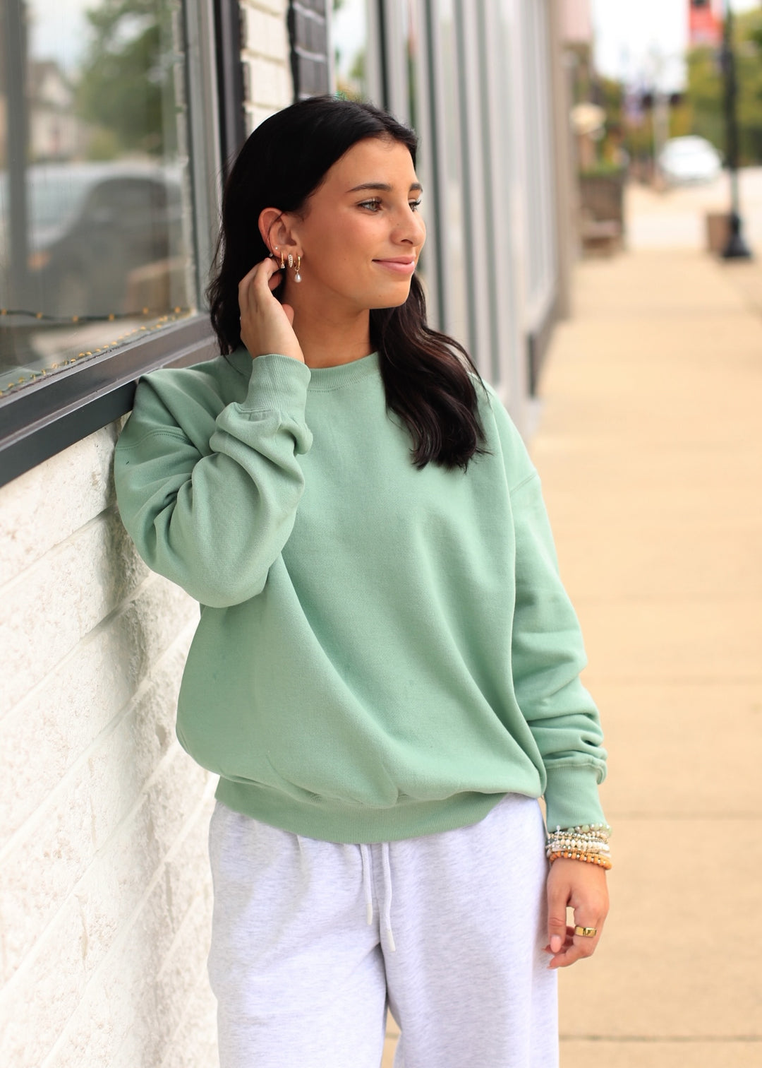 Fleece Basic Relaxed Fit Crew Neck in Granite Green