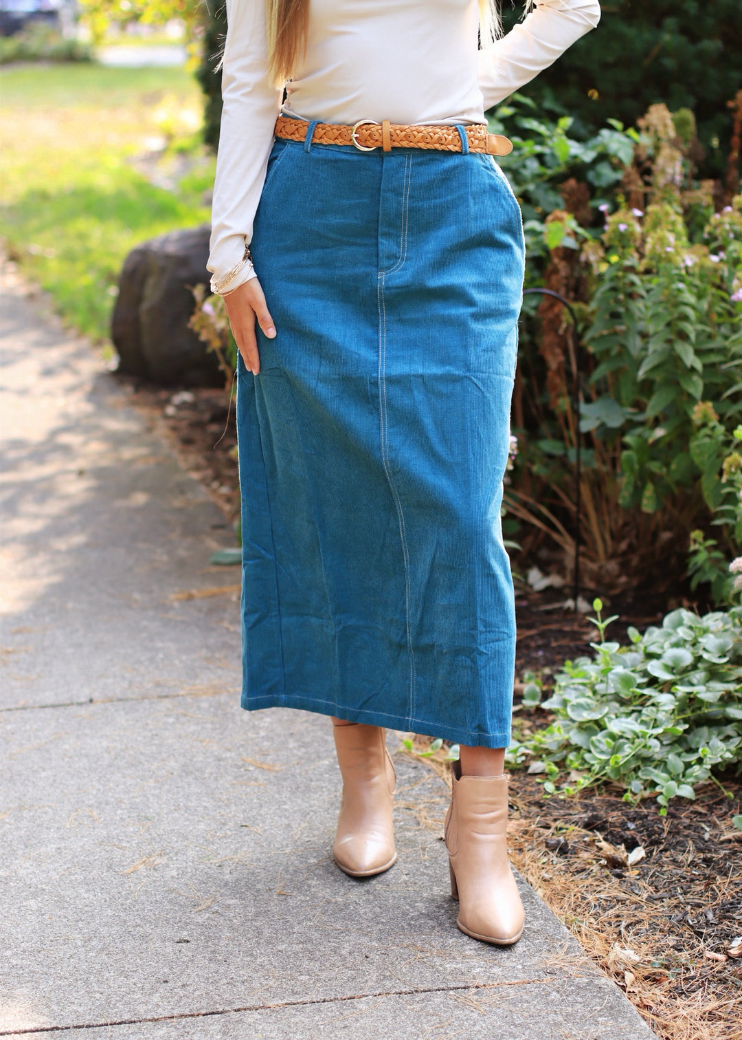 CLEARANCE FINAL SALE  Teal Corduroy Midi Skirt