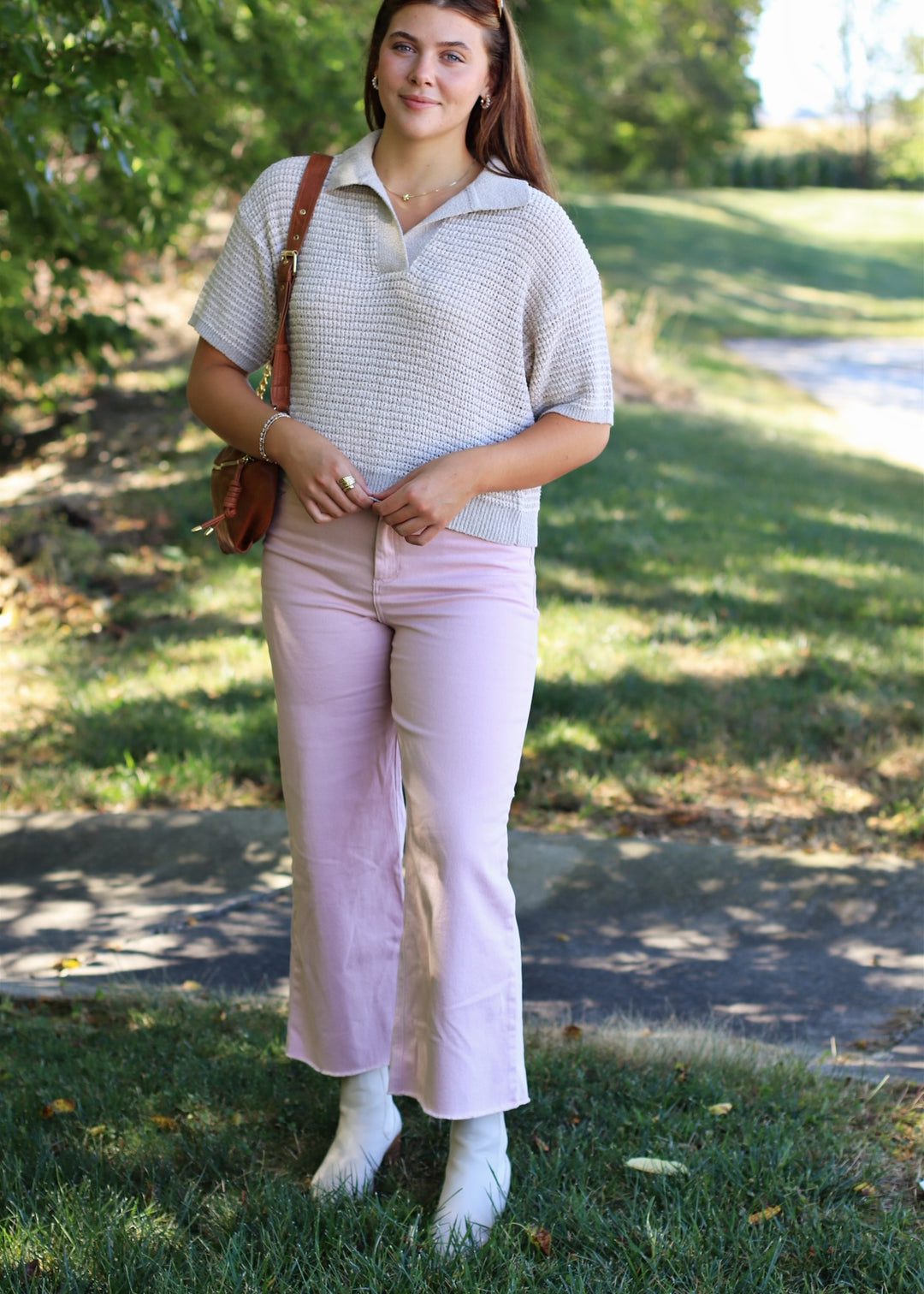 Dusty Pink Cotton Twill Wide Leg Ankle Pant