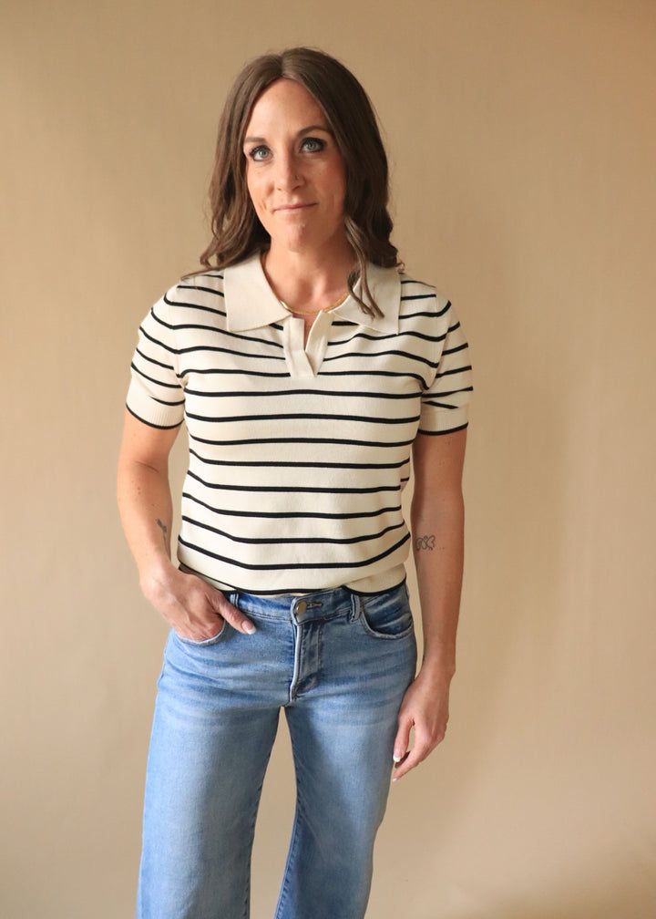 Joetta Ribbed Stripe Short Sleeve V Neck Top