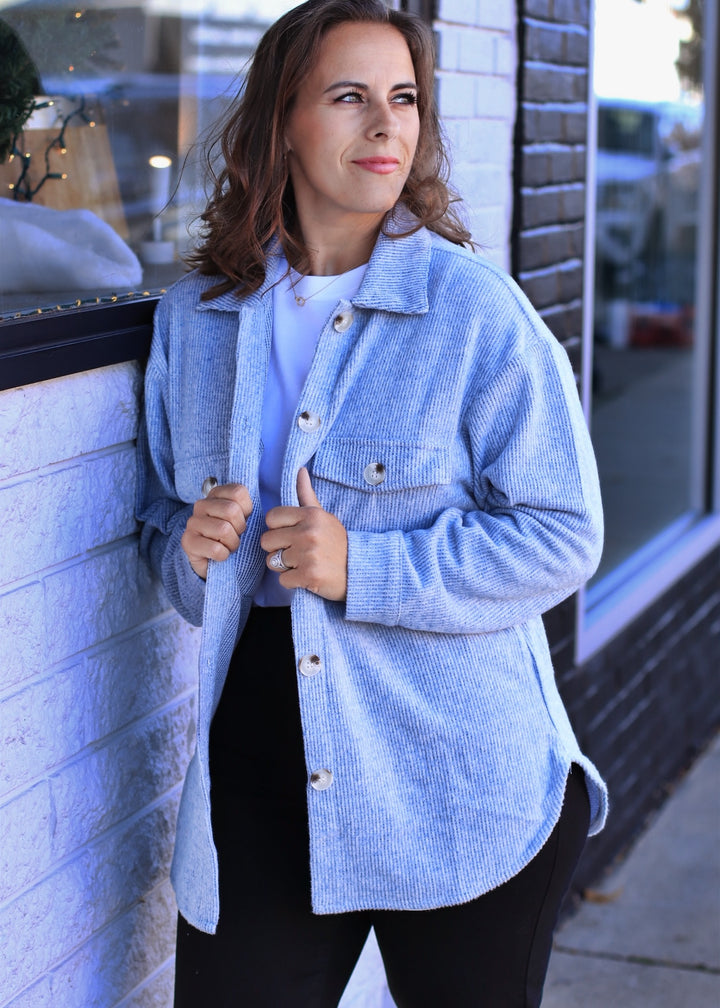 Fall Season Two Tone Shacket in Denim Blue