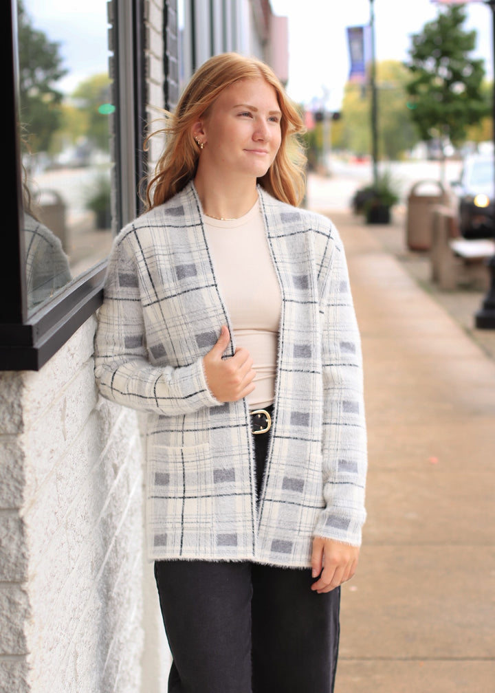 The Birch Open Front Cardigan in Ivory/Grey