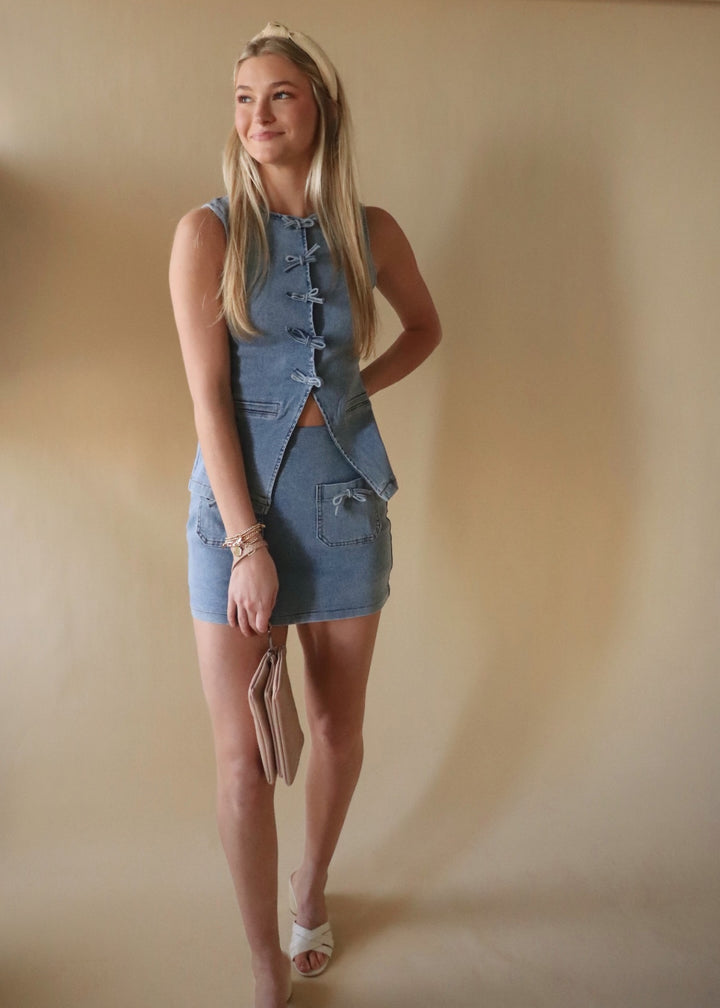 Mini Denim Skort With Front Pocket And Ribbon Bow Detail