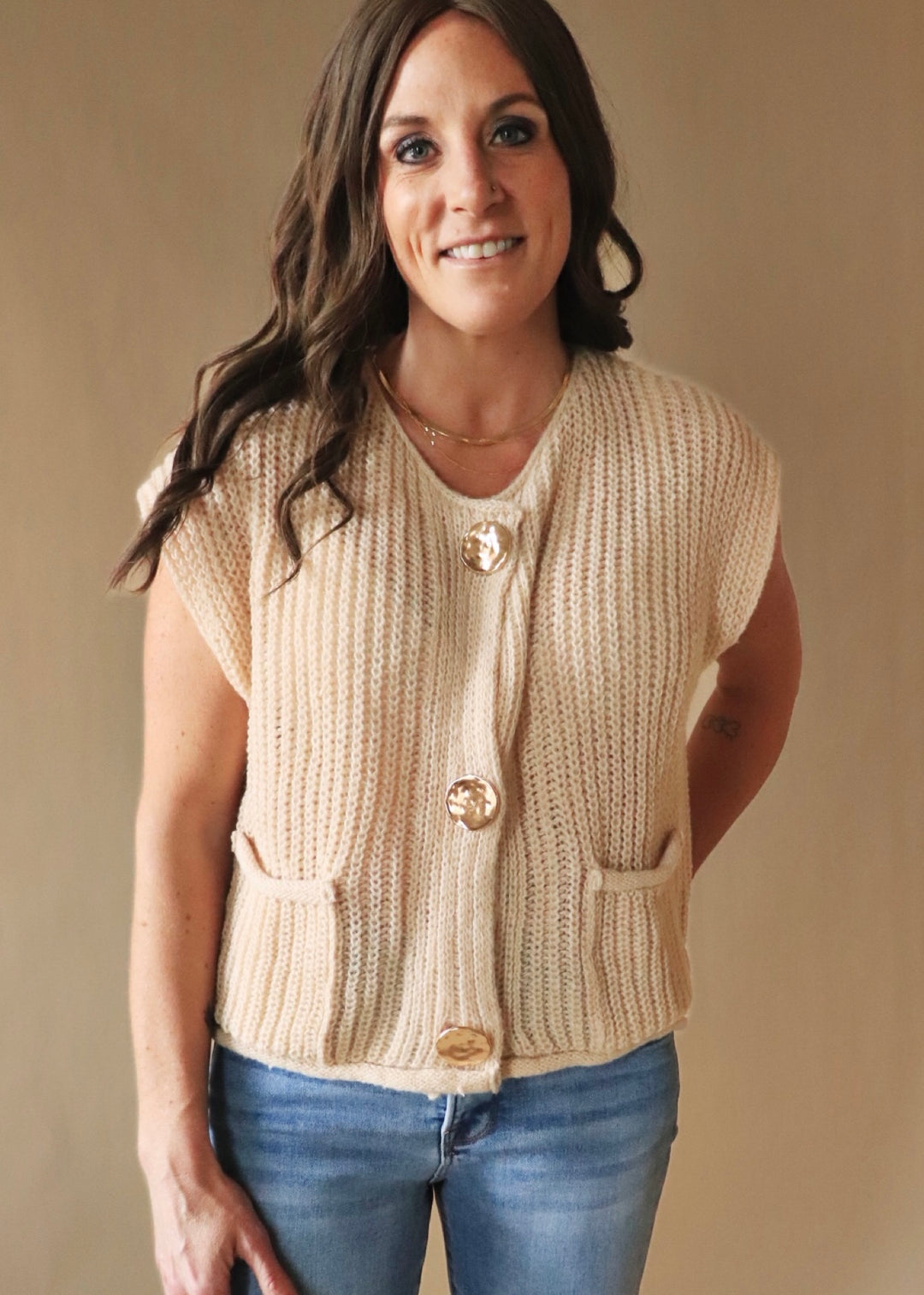 Oatmeal Big Metal Button Front Sweat Vest
