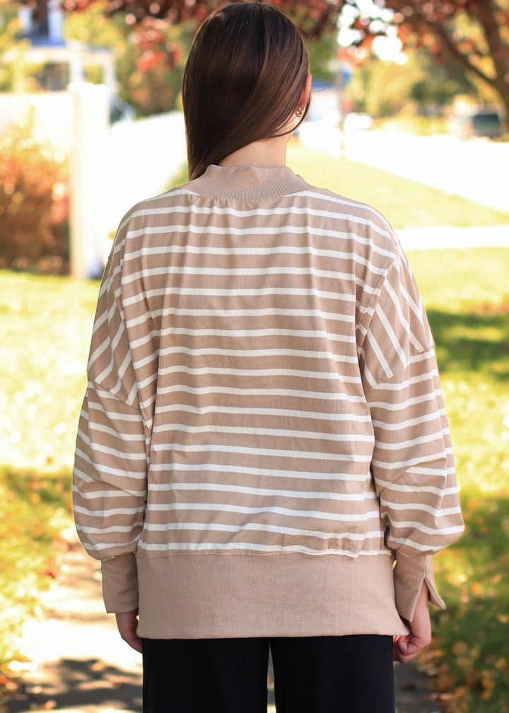 Striped Mock Neck Sweatshirt- Taupe/White