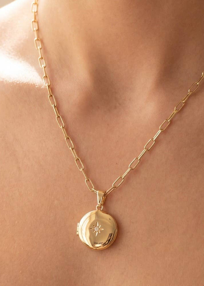 14K Gold Dipped Cz Starburst Locket Necklace