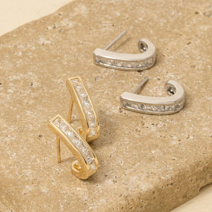 Square Studded Edge J Hoop Earrings