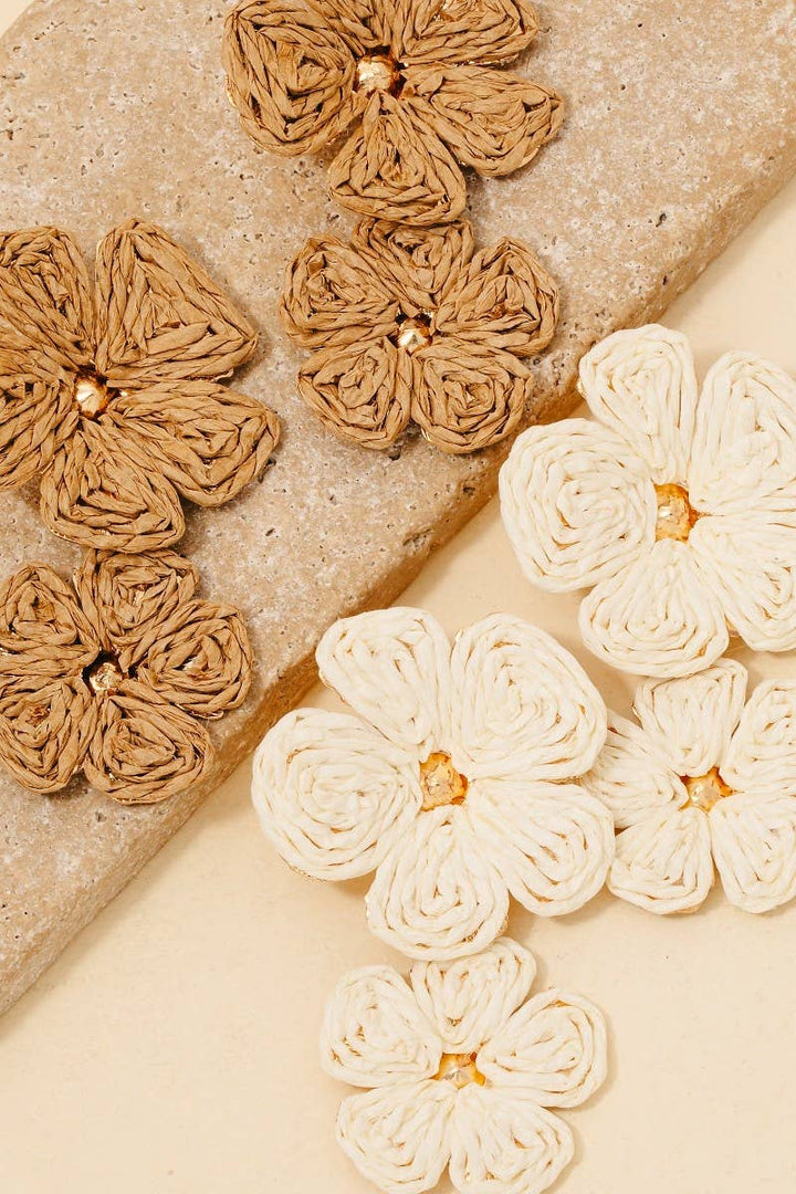 Double Straw Braided Flower Dangle Earrings