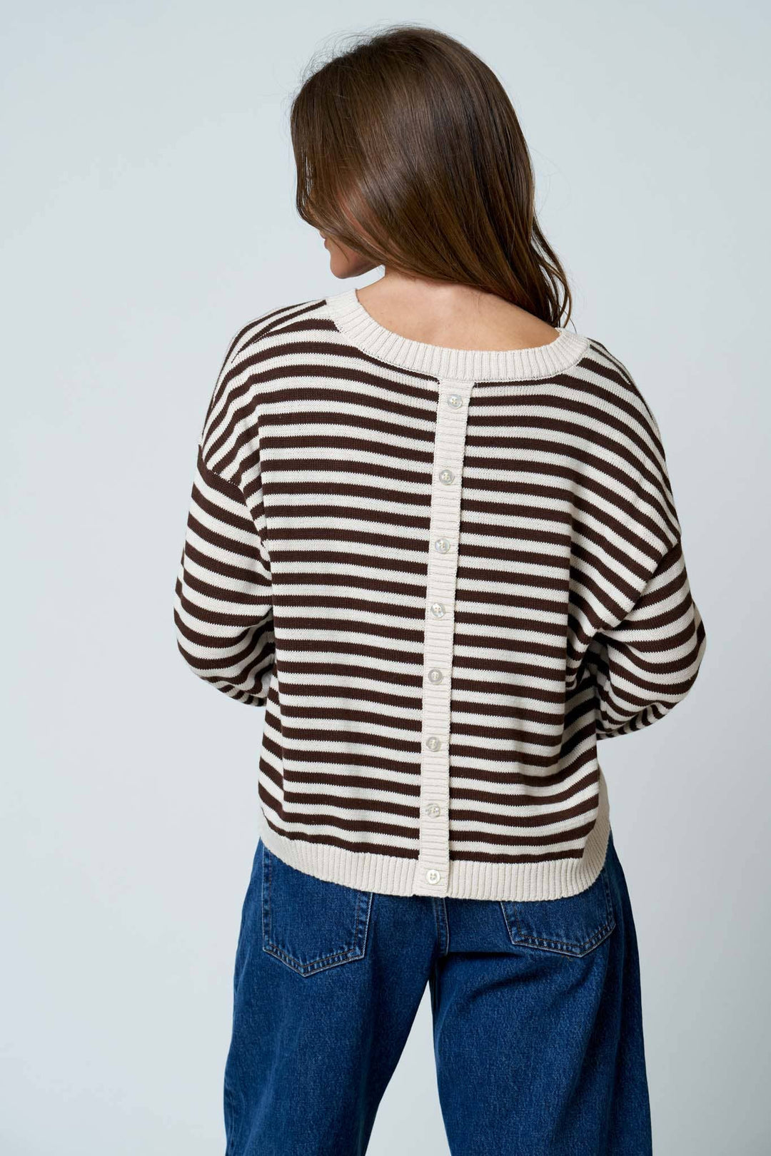 Oatmeal &amp; Brown Stripe Back Button Sweater