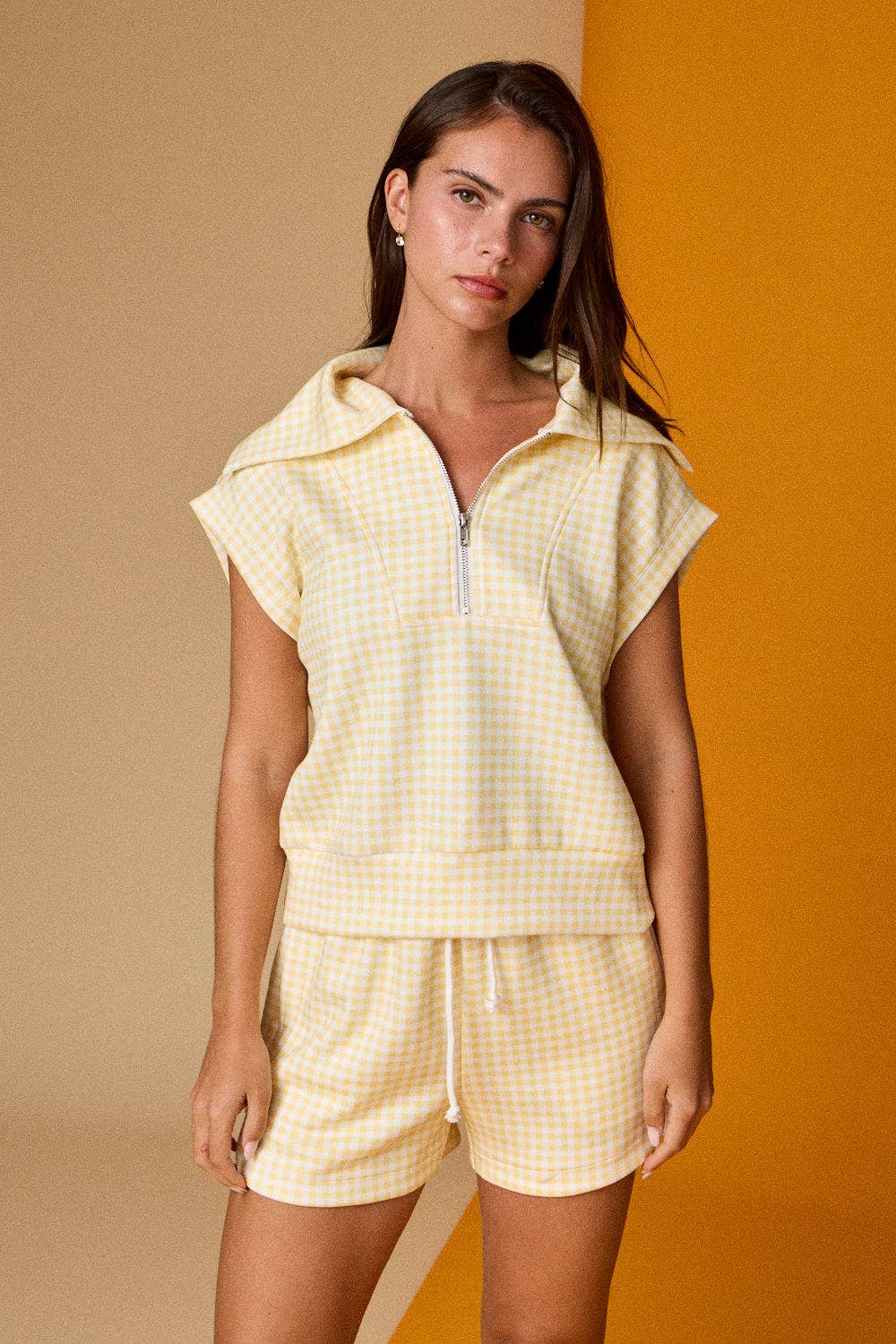 Gingham Zip Up Top in Yellow
