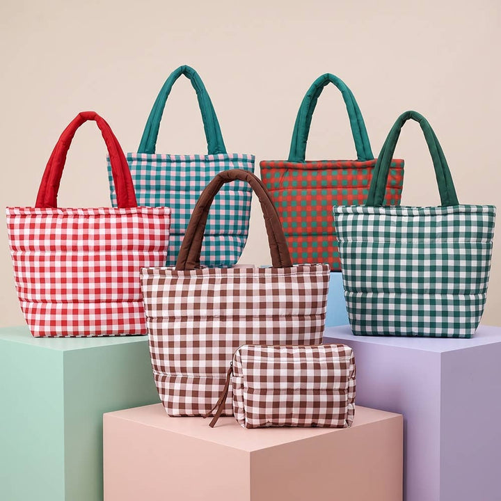 Brown Gingham Check Mini Puffer Tote Bag