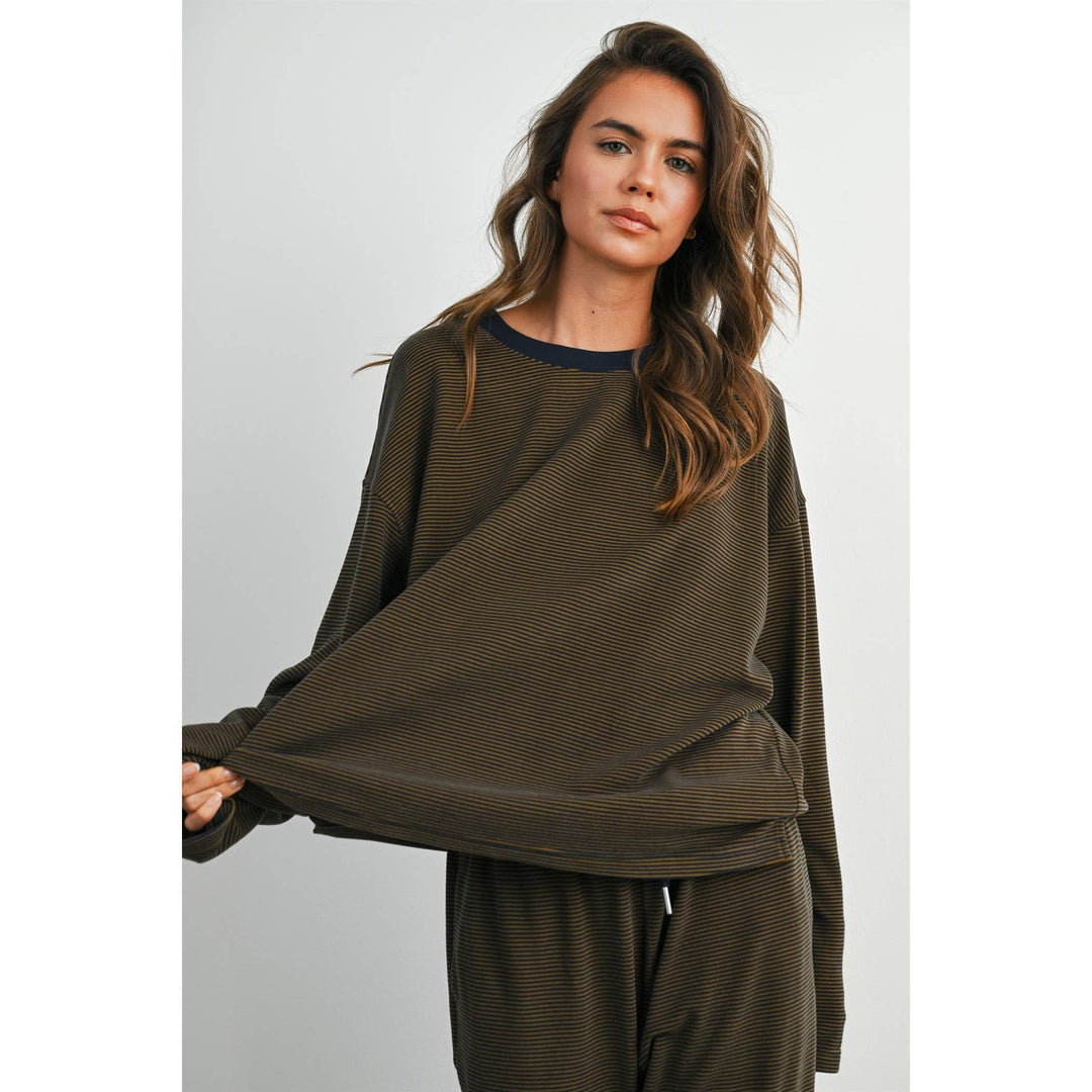 Navy &amp; Olive Striped Long-Sleeve Crewneck Shirt