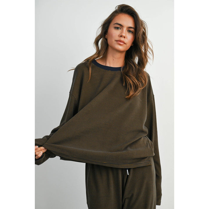 Navy &amp; Olive Striped Long-Sleeve Crewneck Shirt
