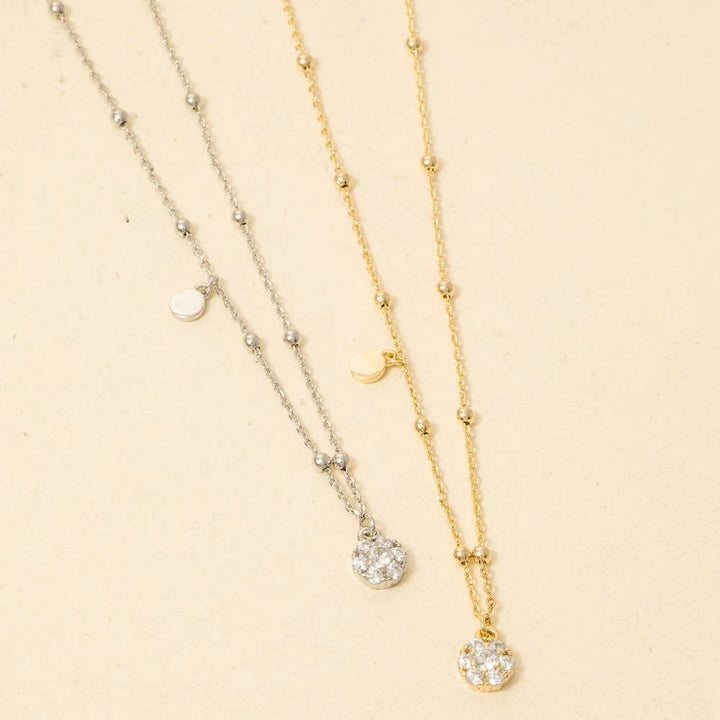 Cz Studded Flower Disc Pendant Necklace