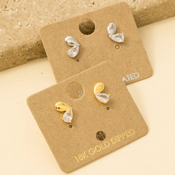 Gold Dipped And Cz Double Tear Stud Earrings