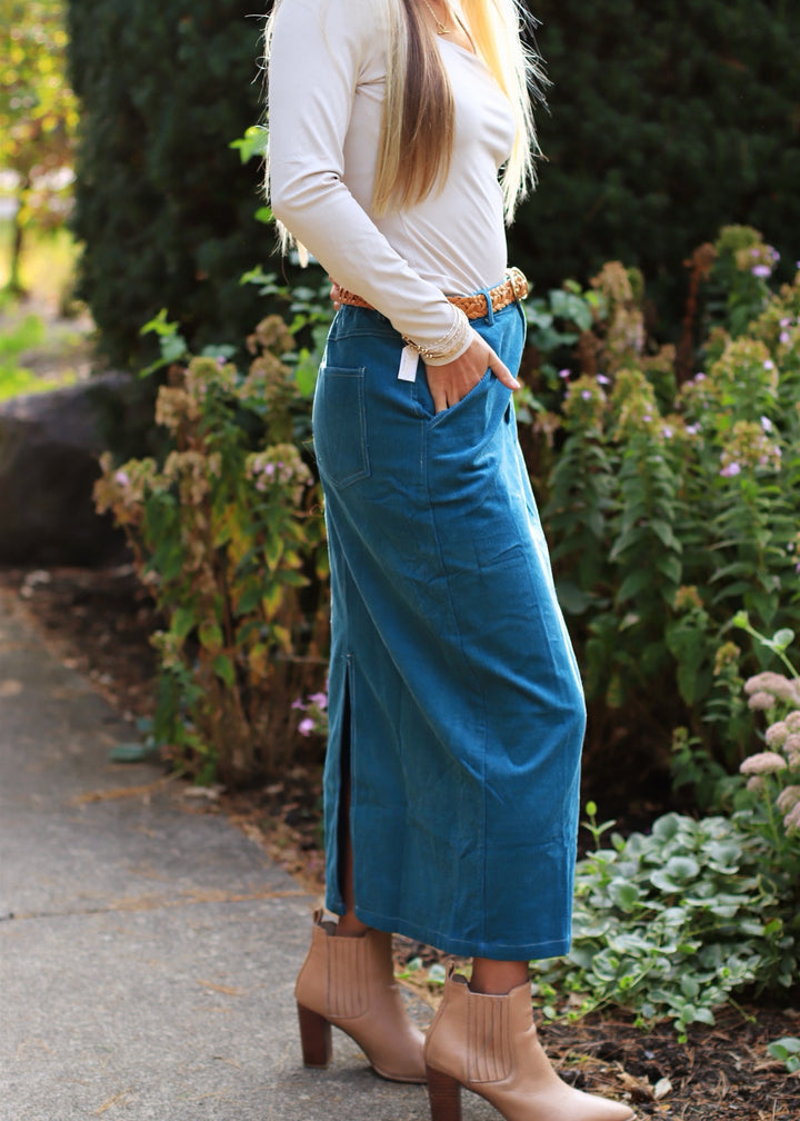 CLEARANCE FINAL SALE  Teal Corduroy Midi Skirt