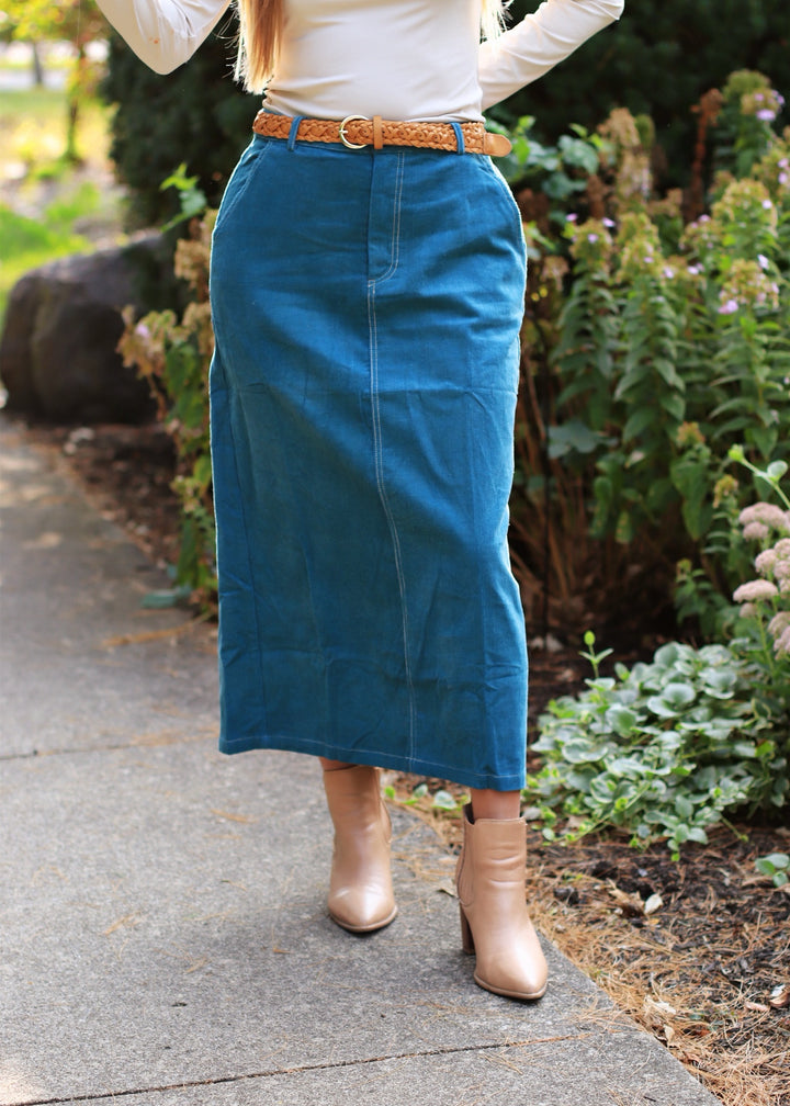 CLEARANCE FINAL SALE  Teal Corduroy Midi Skirt