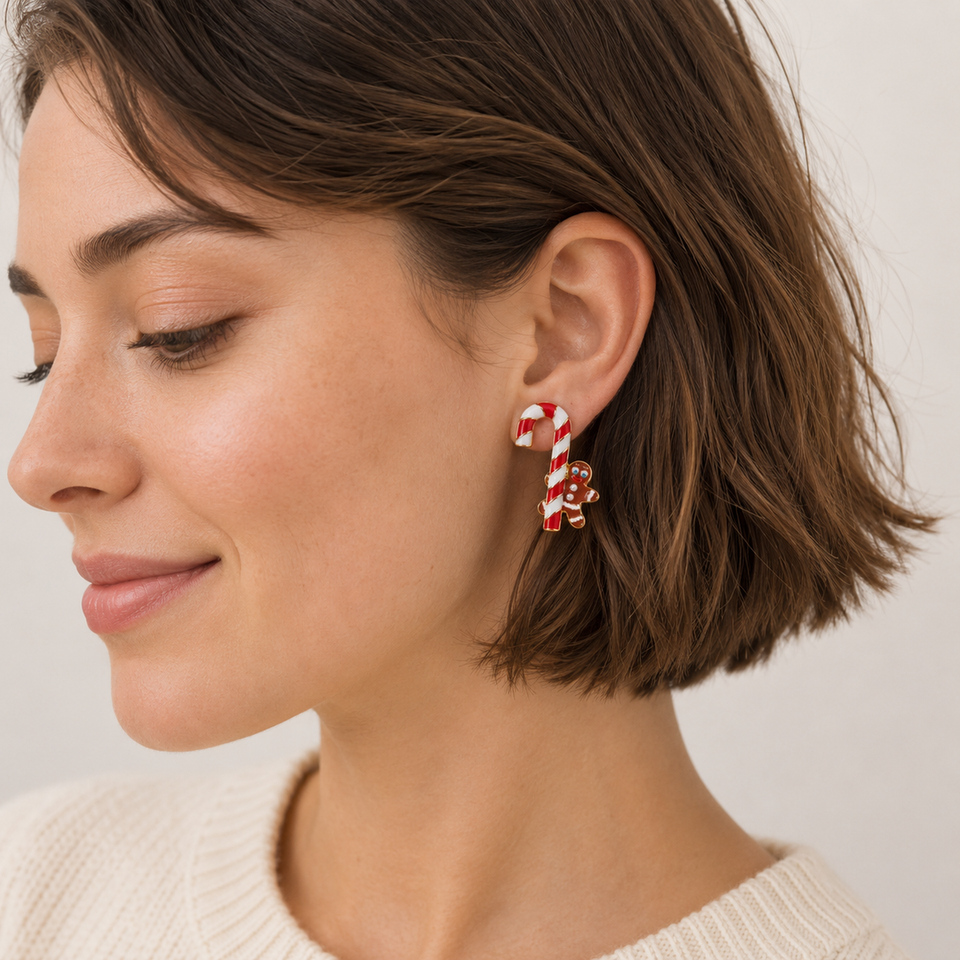 Candy Cane &amp; Gingerbread Stud Earrings | Christmas Holiday Earrings