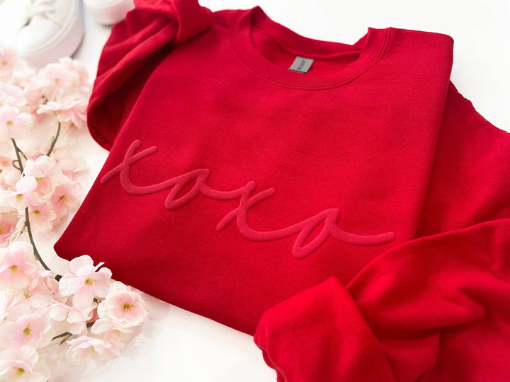 Womens Valentines Day Embossed XOXO Crewneck