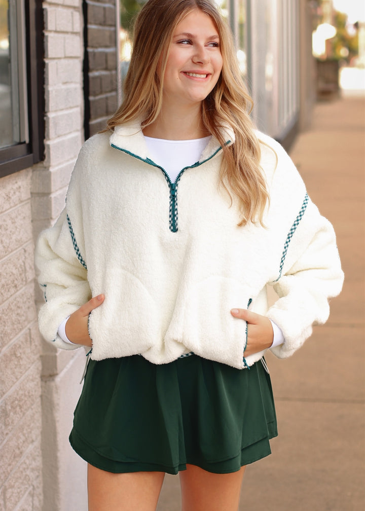 Kelly Green Trim  Sherpa Half Zip Pullover