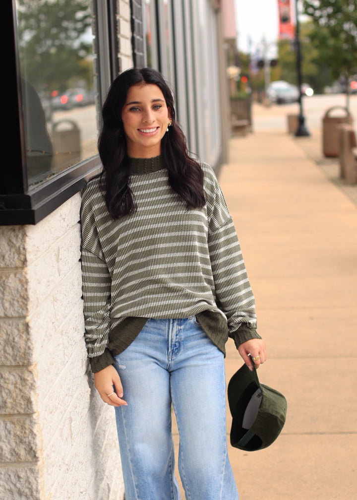 Olive Striped Mock Neck Knit Top
