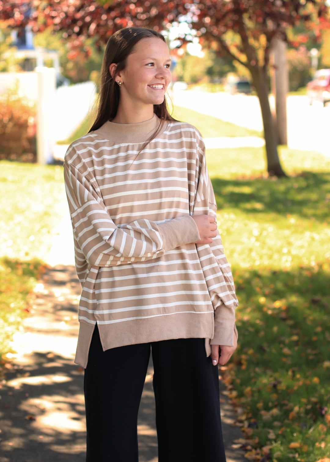 Striped Mock Neck Sweatshirt- Taupe/White