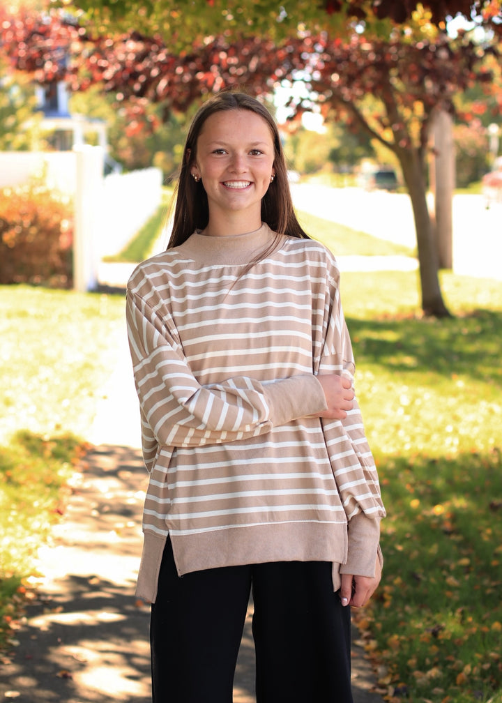 Striped Mock Neck Sweatshirt- Taupe/White
